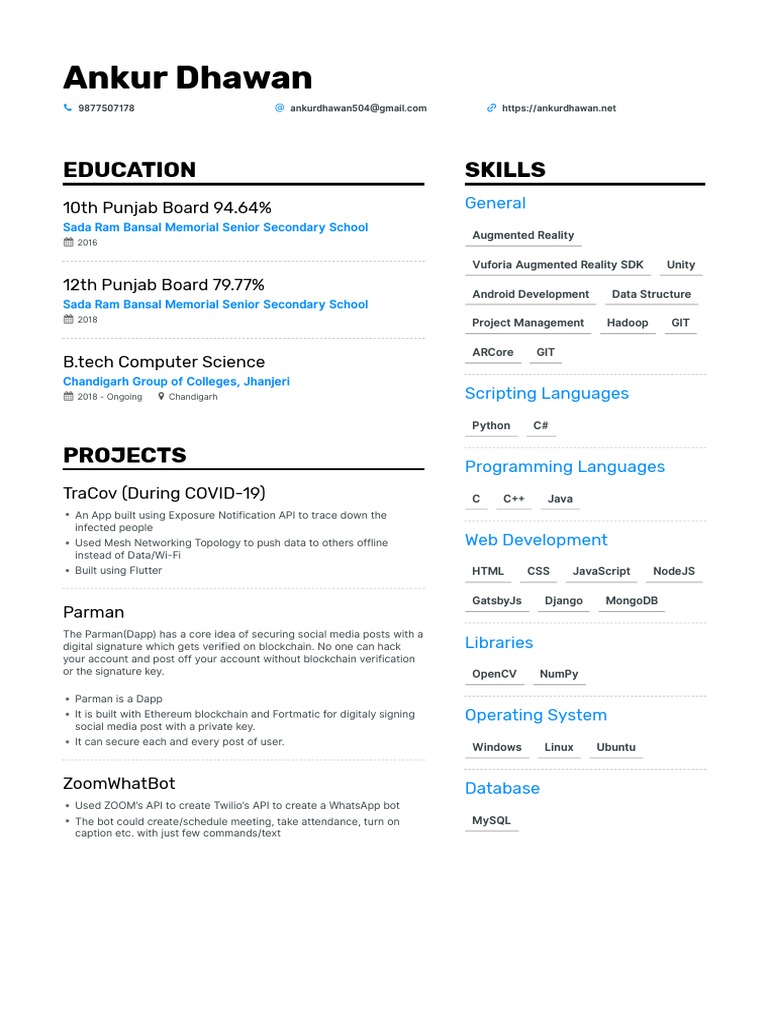 Ankur Dhawan's Resume Highlighting His Education, Skills, Projects