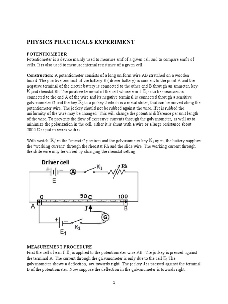 Physics Practicals Experiment Potentiometer PDF Metrology