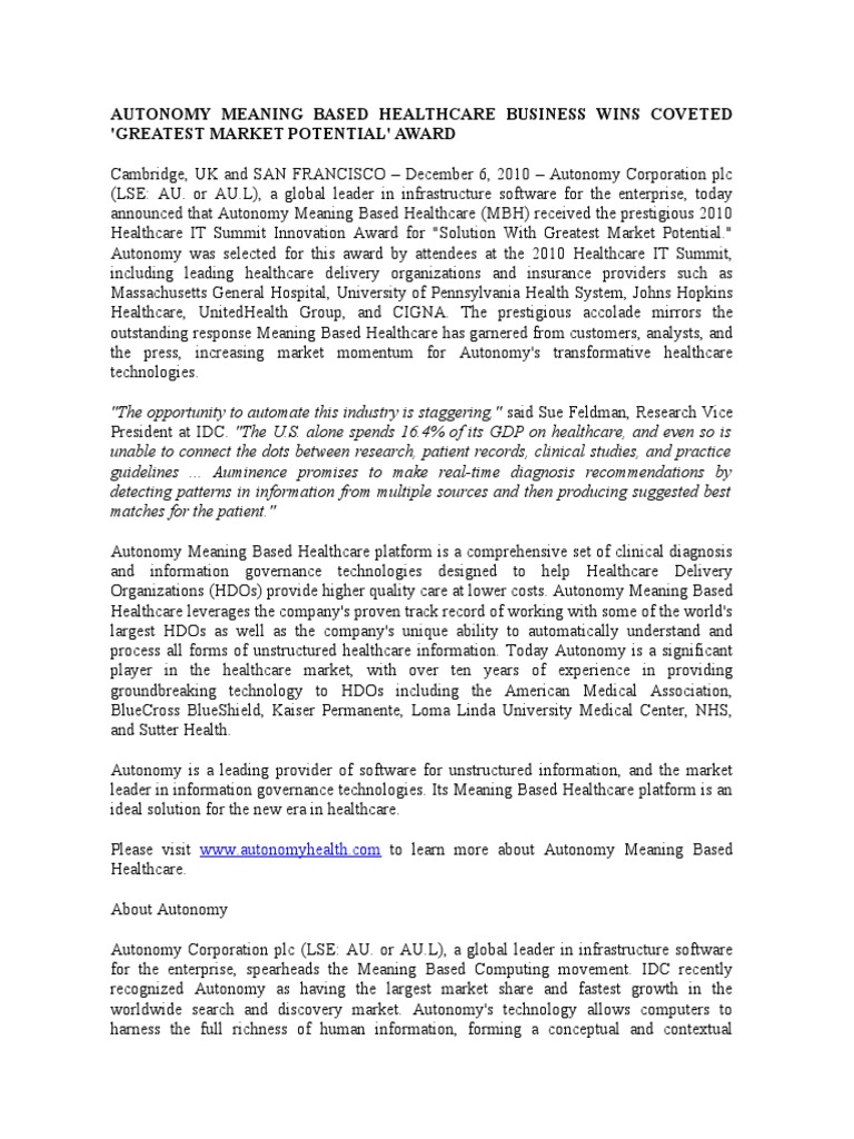 Autonomy Wins Healthcare IT Award | PDF | Health Care