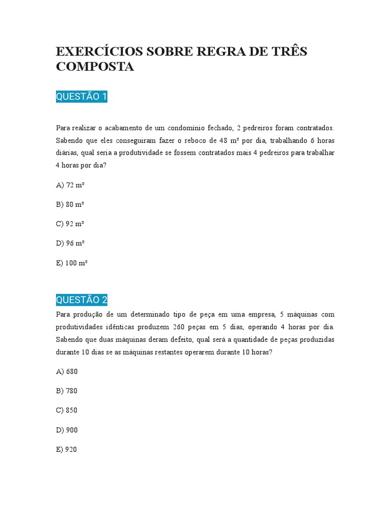 Exercícios de Regra de Três Composta | PDF | Tempo | Matemática