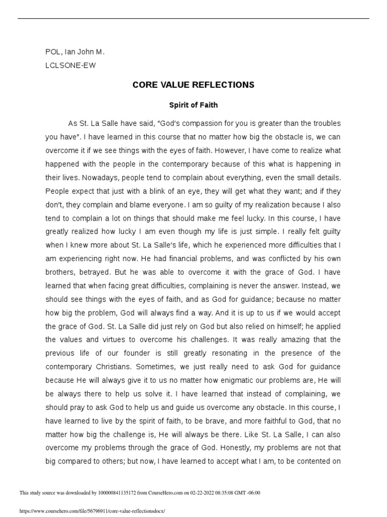 Core Value Reflections Spirit of Faith PDF Faith