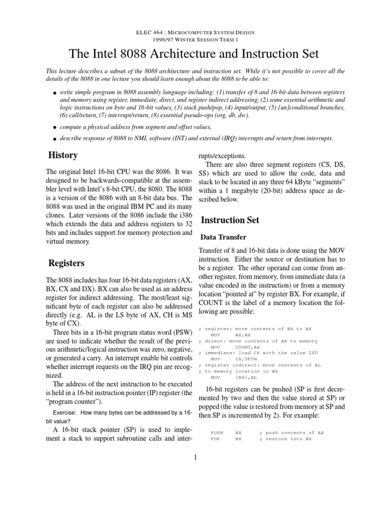 Intel 8088 Instruction Set Assembly Language