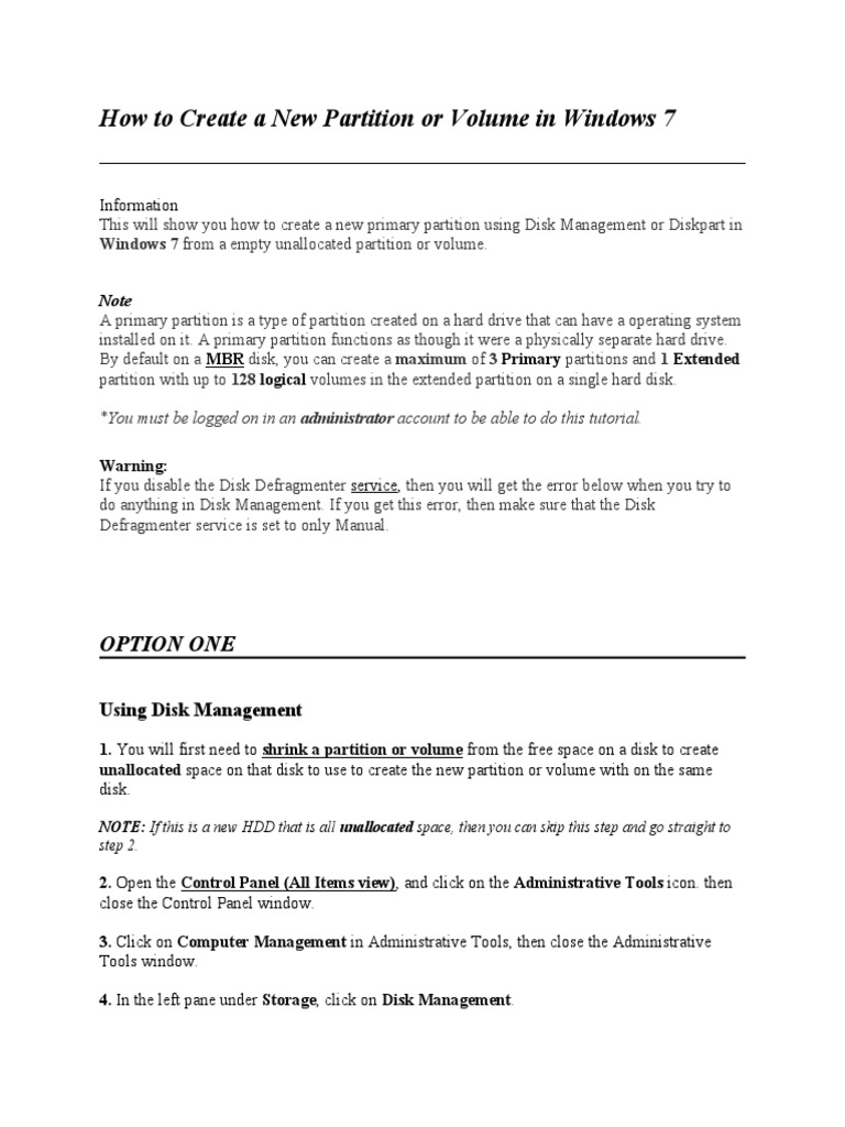 Create a New Partition in Windows 7 | PDF | Microsoft Windows | Hard ...
