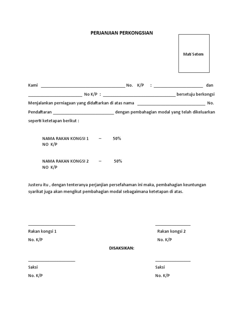 Contoh Surat Perjanjian Perkongsian Perniagaan Pdf