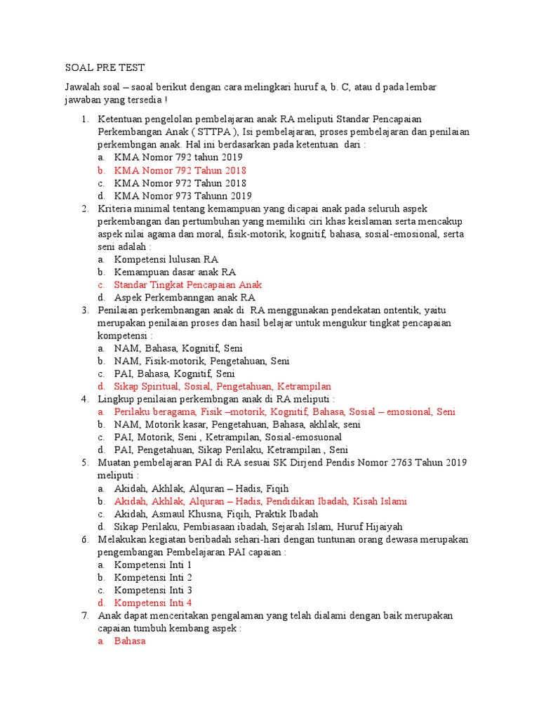 Soal Ujian Pre Test RA 2024 | PDF | Karier & Perkembangan | Ilmu Sosial