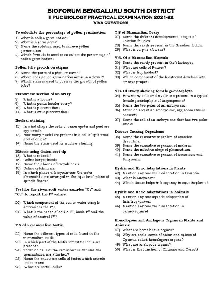 Biology Viva Questions 202122 PDF Mitosis Plant Reproduction