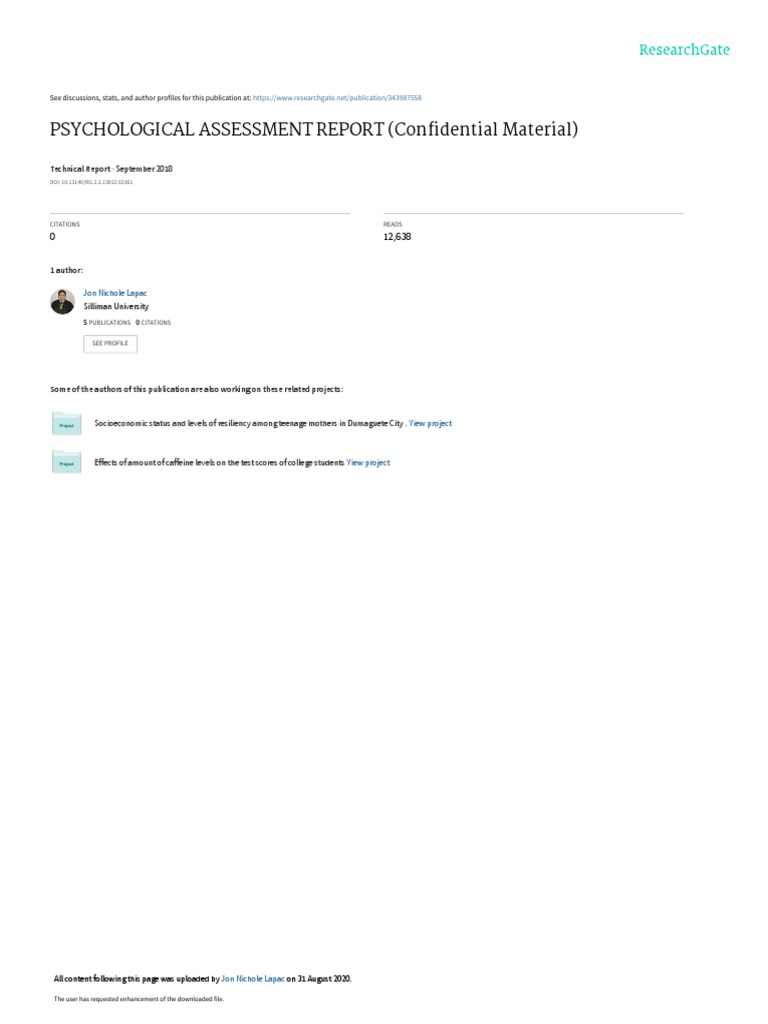 PSYCHOLOGICAL ASSESSMENT REPORT (Confidential Material) : September ...