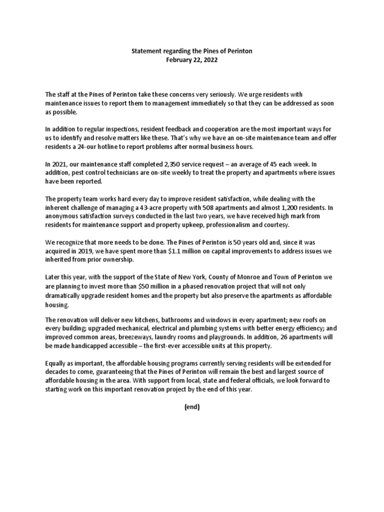 Pines of Perinton Statement PDF Apartment Property