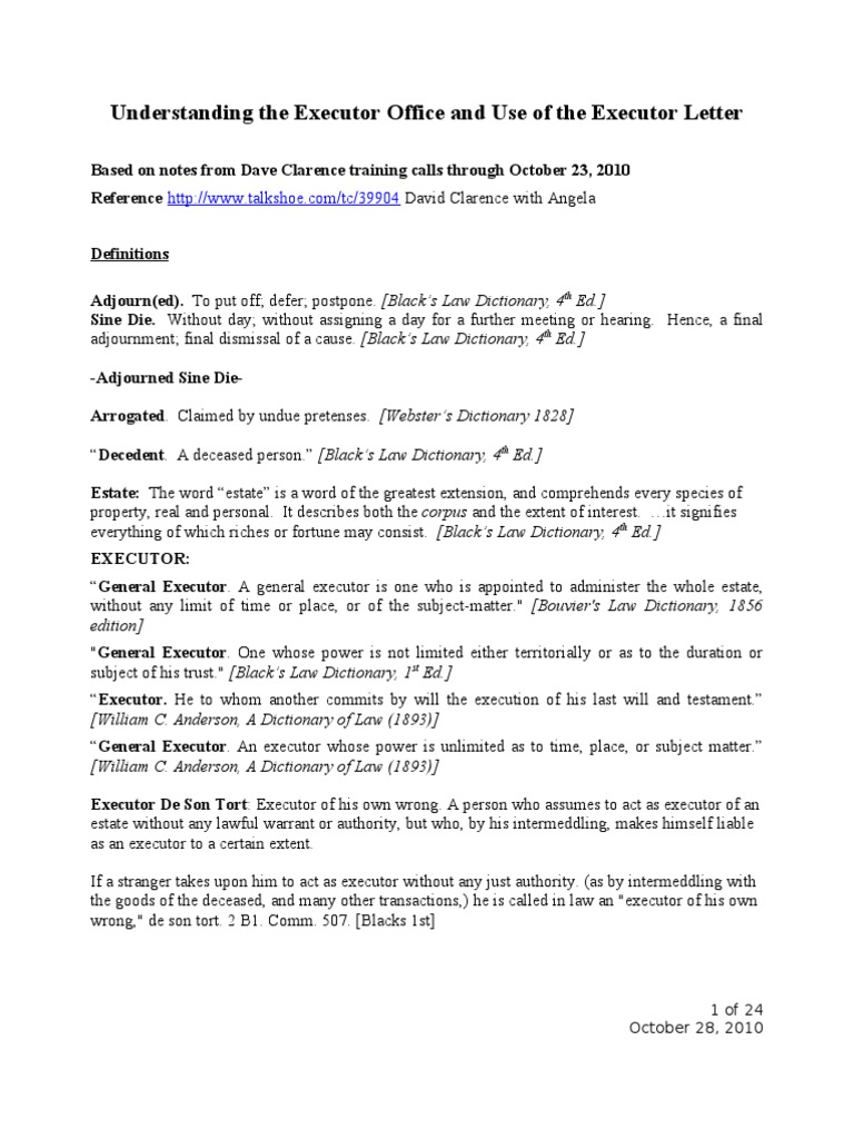 Understanding Executor Office And Use Of The Executor Letter 10 28 10 Pdf Will And Testament Probate