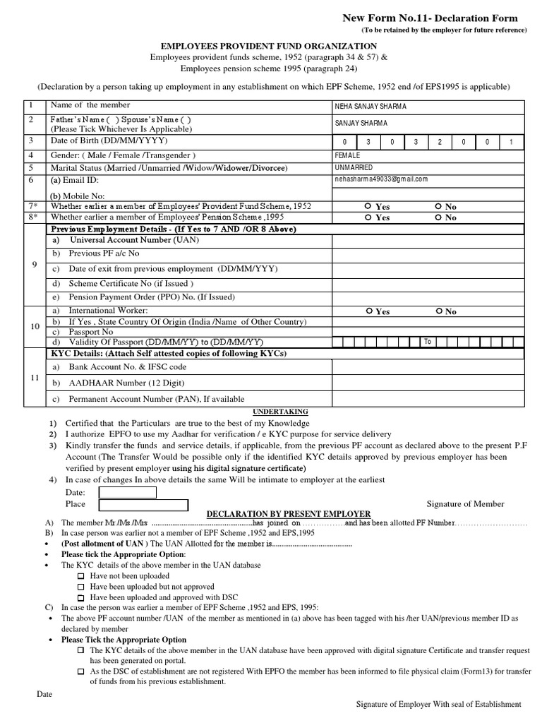 EPF Declaration Form No. 11 Guide | PDF