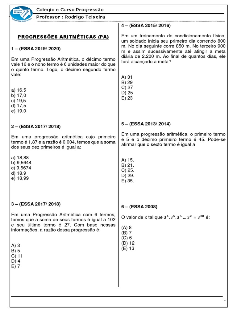 Progressão Aritmética: Conjunto de Exercícios Resolvidos | PDF ...