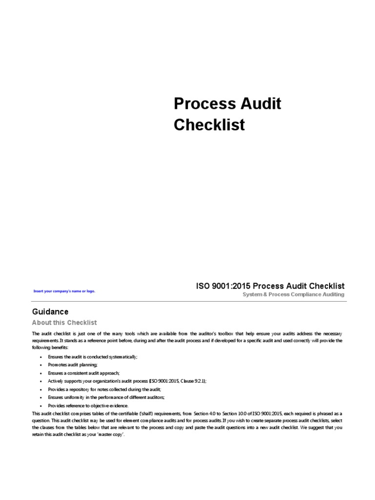 ISO 9001:2015 Process Audit Checklist | PDF | Audit | Iso 9000