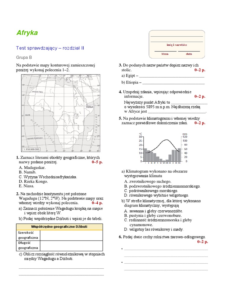 Kartkówka Etiopia I Kenia Klasa 8