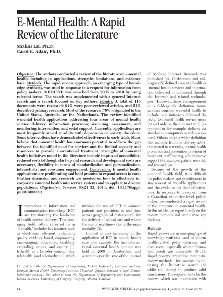 E-Mental Health Literature Review | PDF | Mental Disorder | Cognitive ...