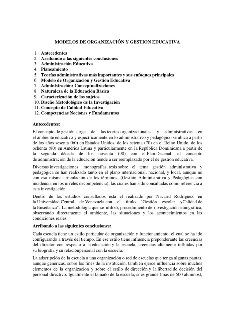 Modelos de Organizacion y Gestion Educativa | PDF | Plan de estudios ...
