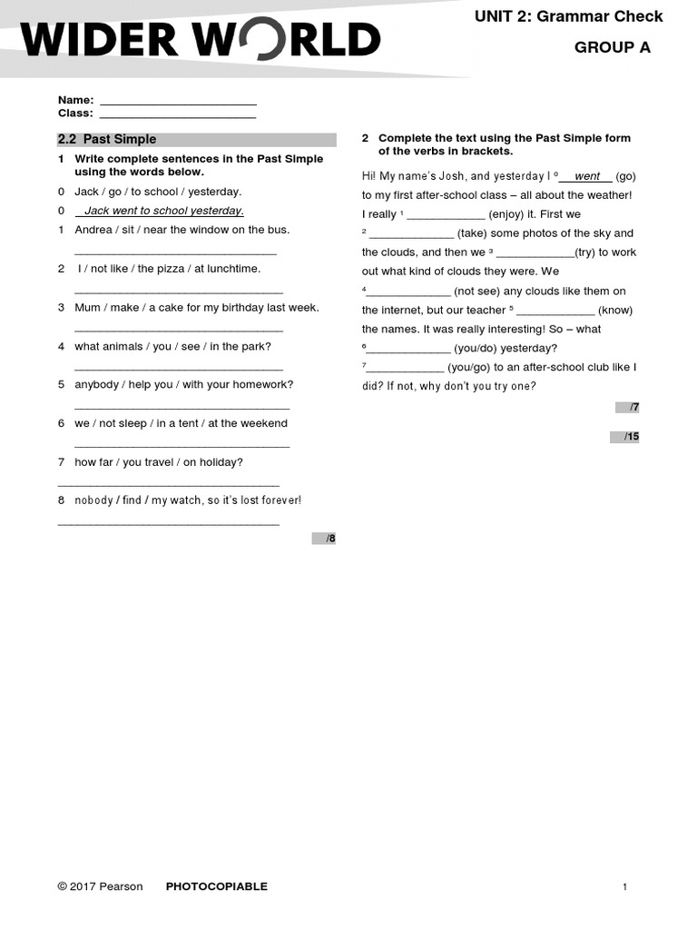 Wider World 3 GrammarCheck U2 2 Group A | PDF