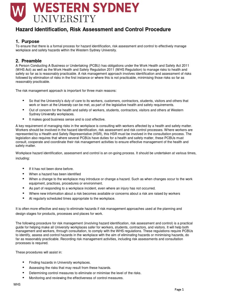 Hazard Identification, Risk Assessment and Control Procedure | PDF ...