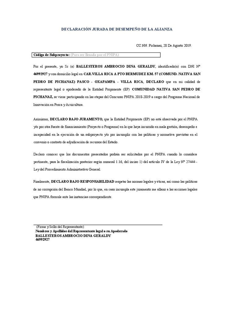 Declaración Jurada de Desempeño de La Alianza | PDF