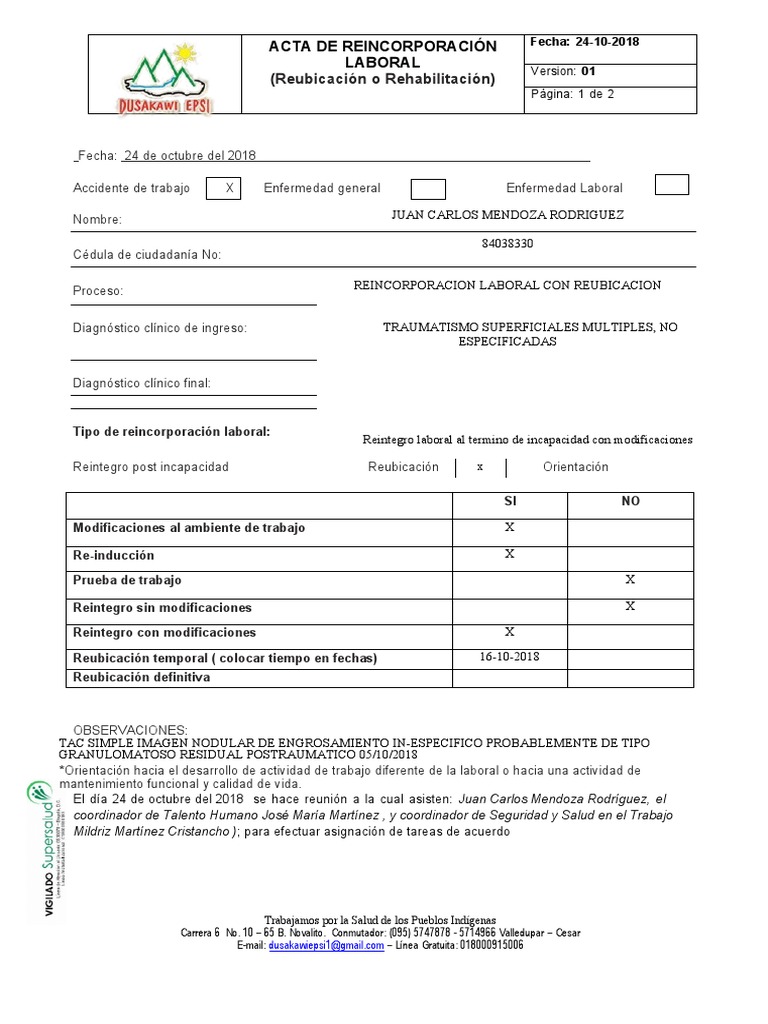 Acta de Reincorporación Laboral | PDF | Medicina CLINICA | Ciencias de ...