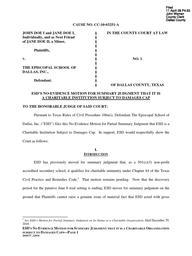 Esd's NoEvidence Motion For Summary Judgment Negligence Defamation