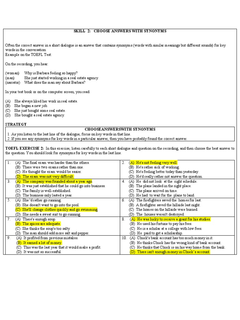 Skill 2 Choose Answers With Synonyms PDF Test (Assessment) Test