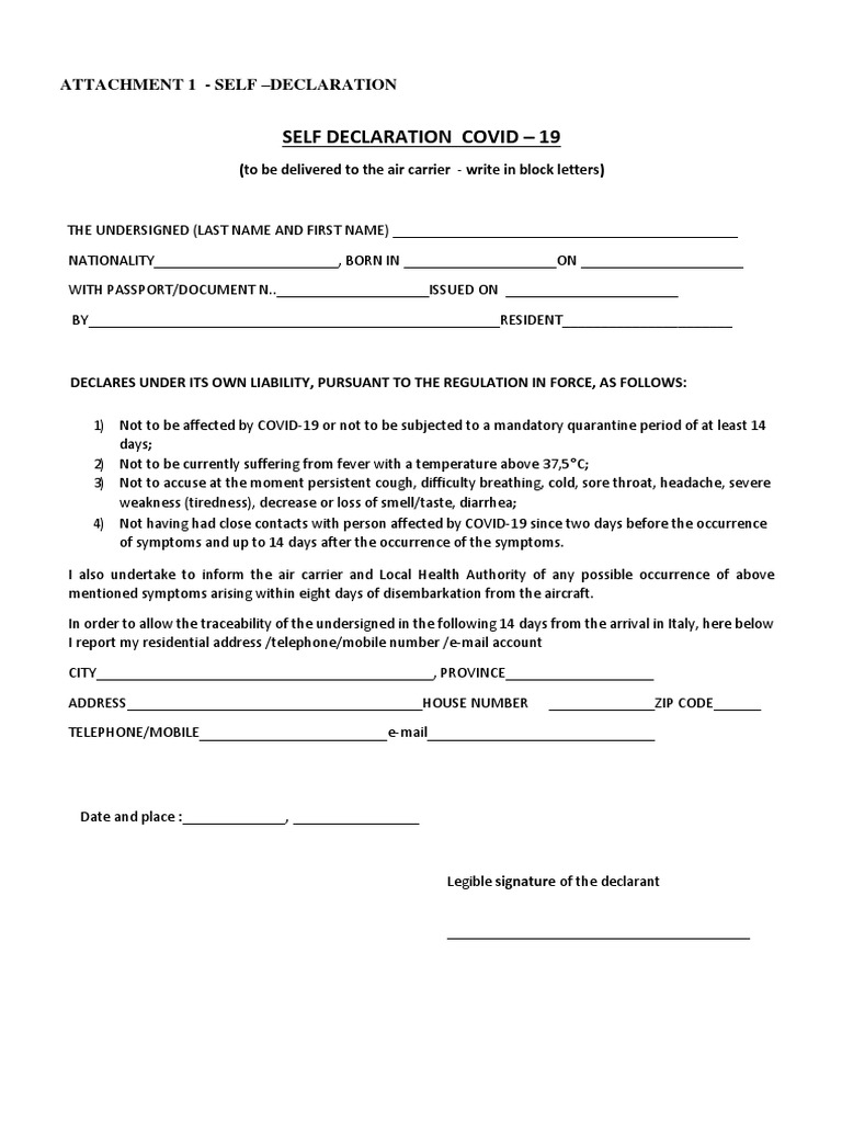 Covid 19 Self Declaration For Is | PDF
