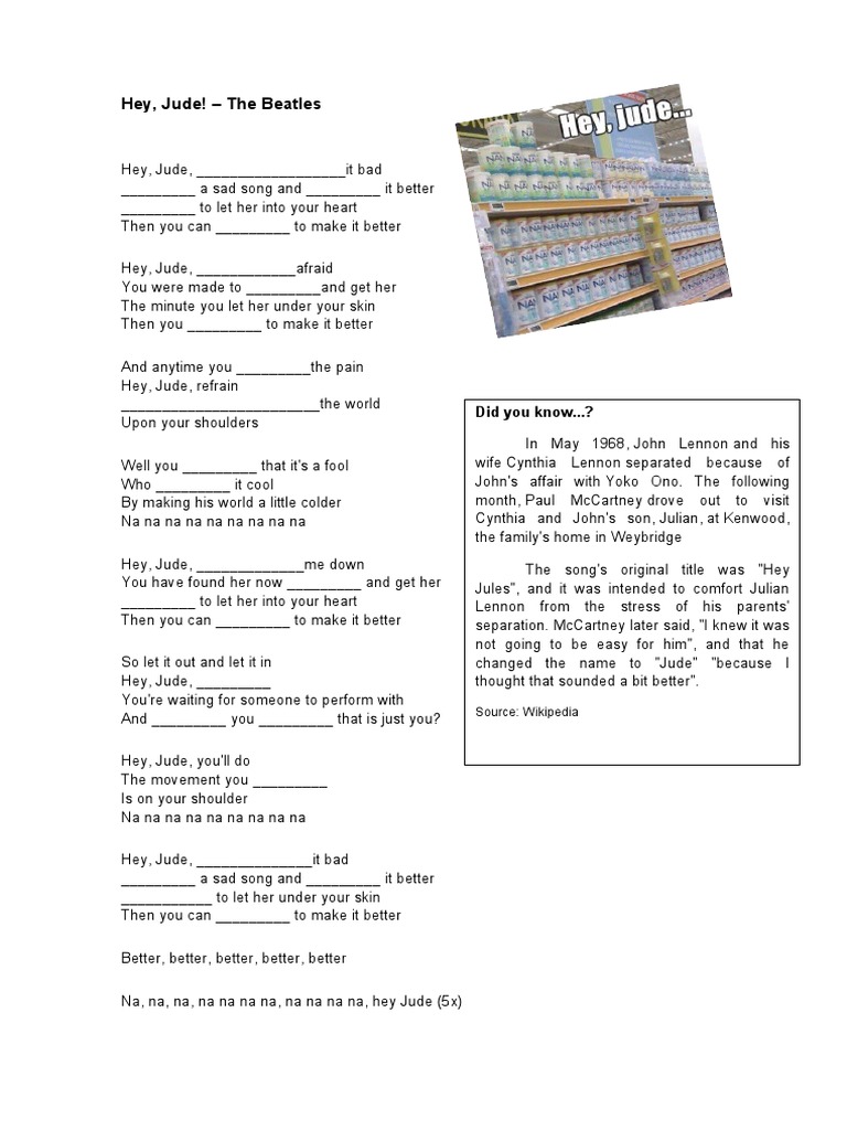 Hey Jude Simple Present Activities With Music Songs Nursery Rhymes