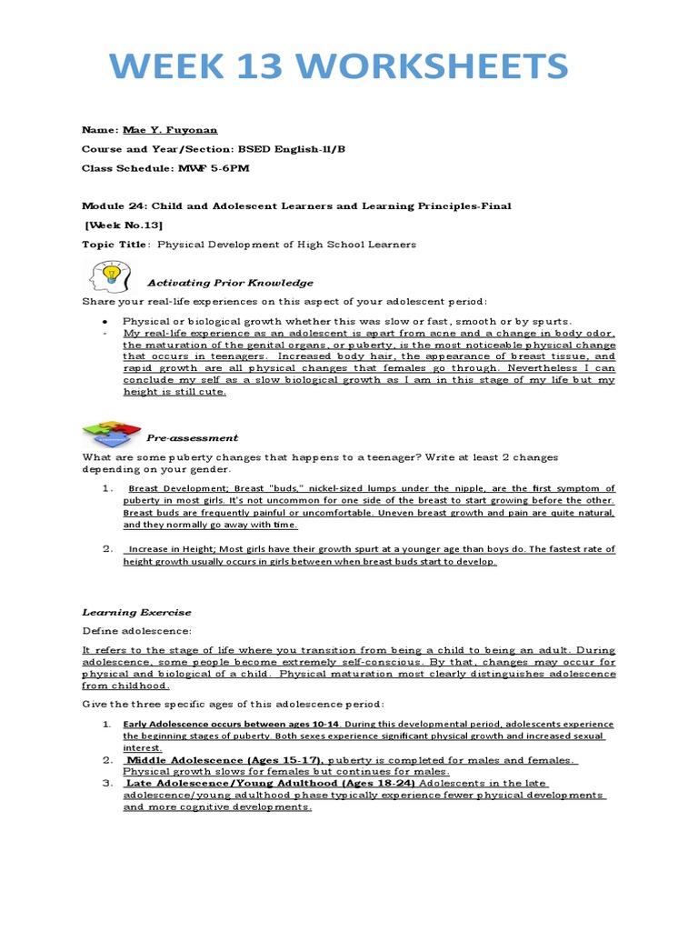 Week 13 & 14 Worksheets | Download Free PDF | Adolescence | Puberty