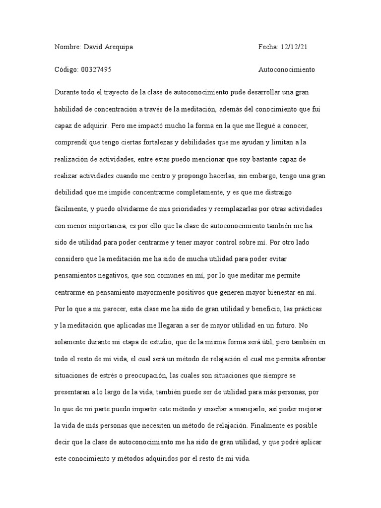 Autoconocimiento Reflexión Final NRC 3876 | PDF | Relaciones personales ...