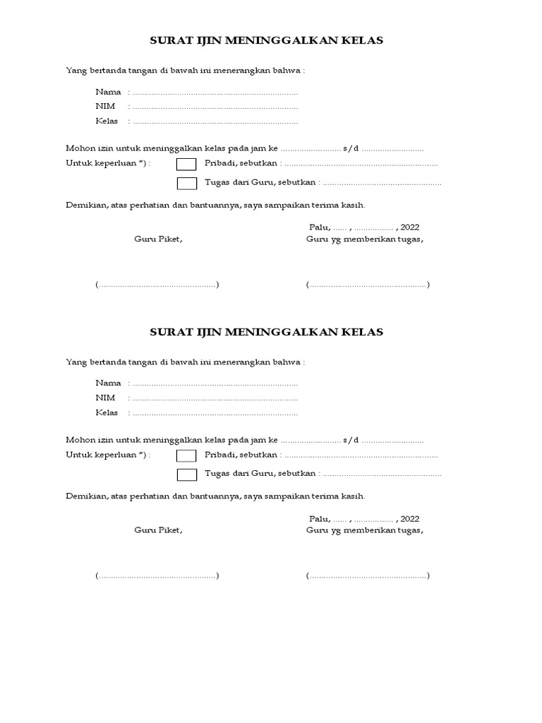 Surat Ijin Meninggalkan Kelas | PDF
