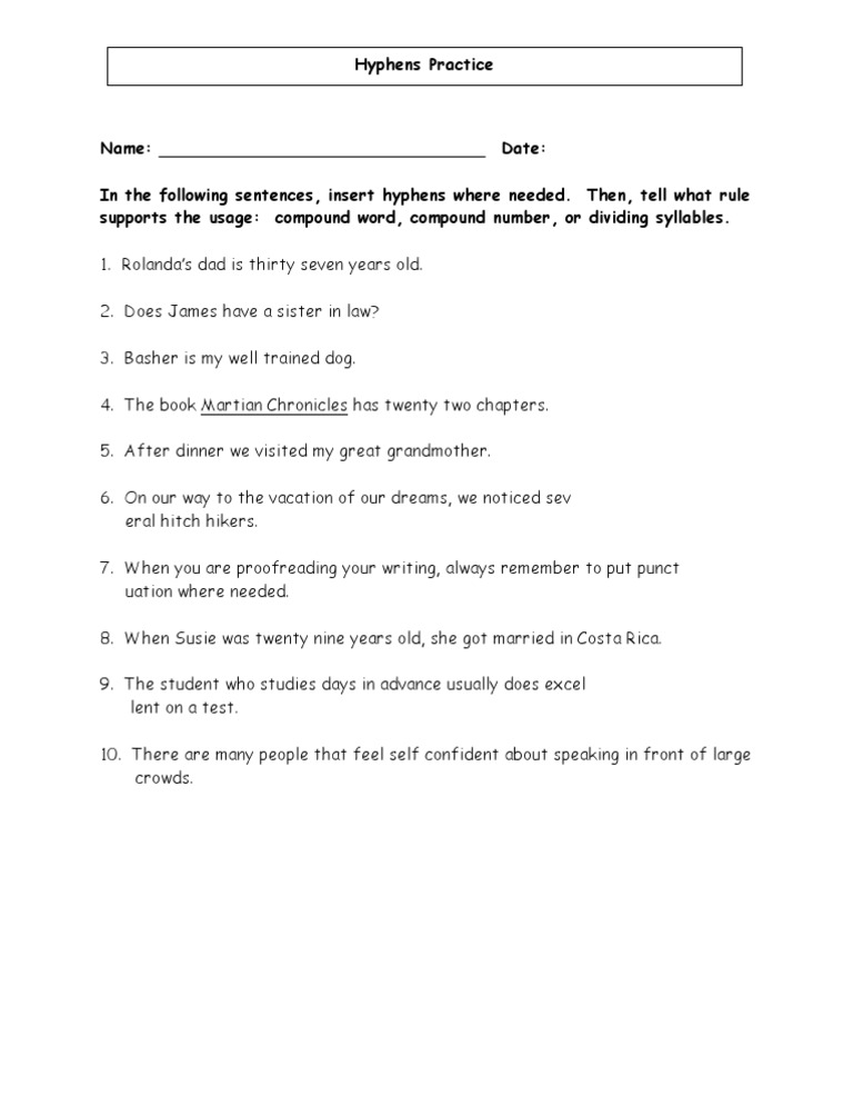 Hyphen Practice Worksheet
