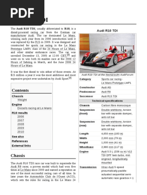 Audi R10 TDI | PDF | Auto Racing | Sports Car Racing