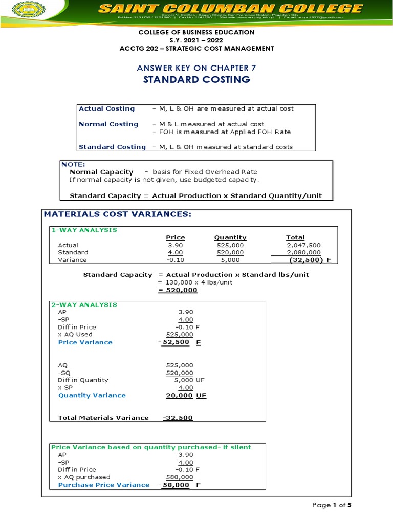 Chapter 7 Answer Key: Standard Costing | PDF | Variance | Inventory