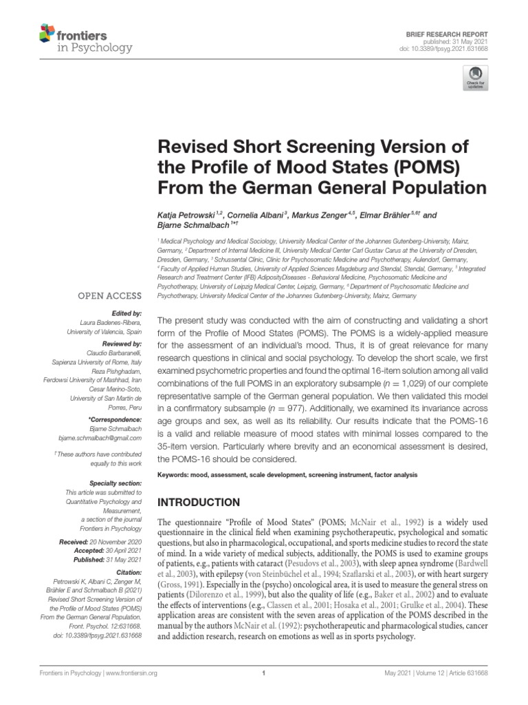 Revised Short Screening Version of The Profile of Mood States (POMS ...