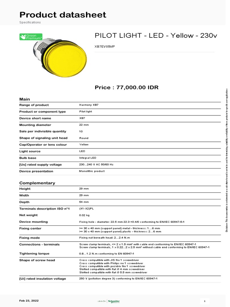 Product Datasheet: PILOT LIGHT - LED - Yellow - 230v | PDF | Screw ...
