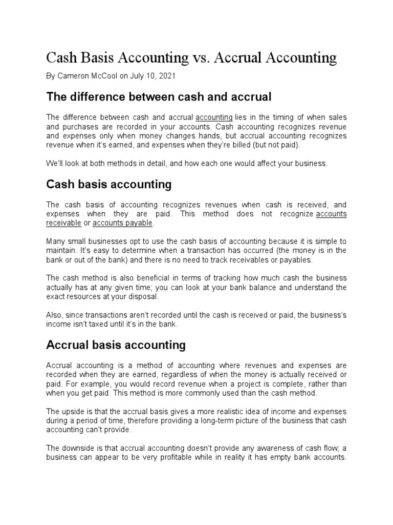 Cash vs. Accrual Accounting Explained | PDF | Basis Of Accounting ...