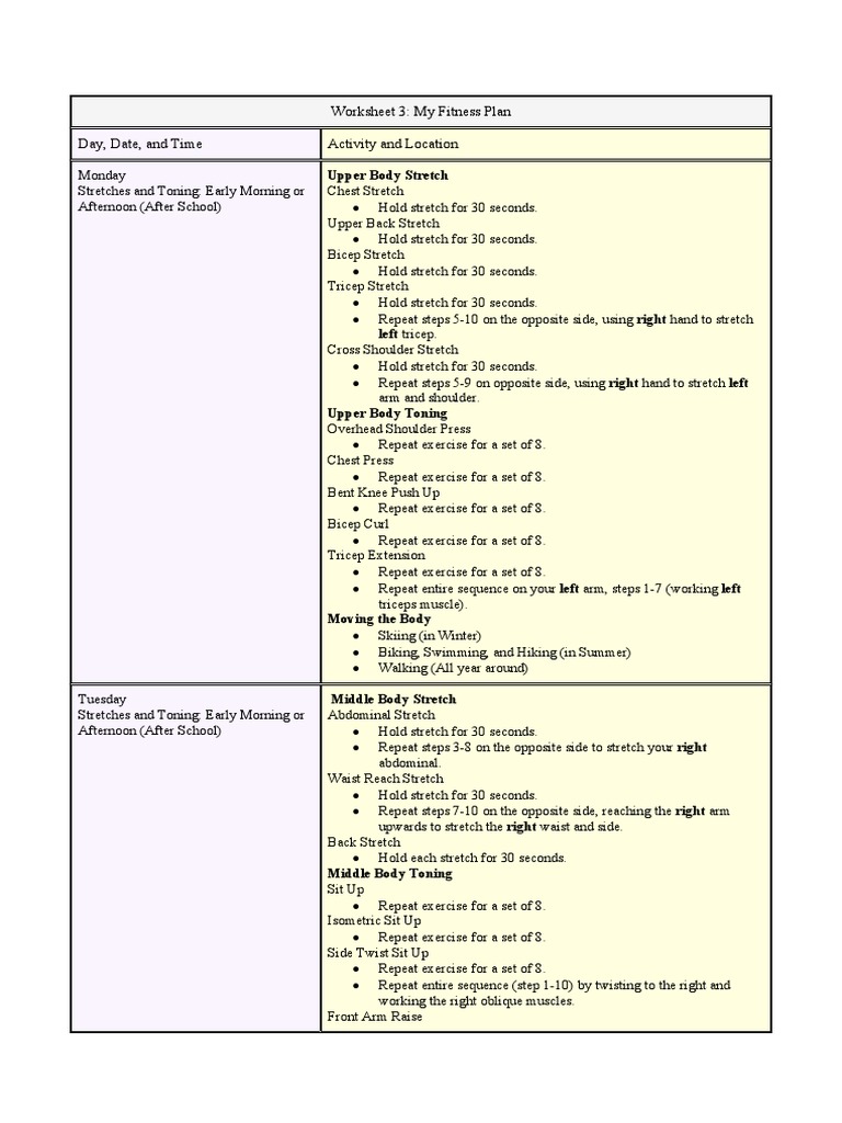 Weekly Fitness Plan: Stretches & Toning | PDF | Physical Exercise ...