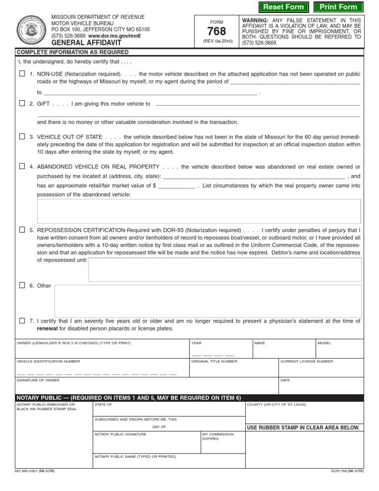 Missouri General Affidavit Form 768 | PDF | Repossession | Notary Public