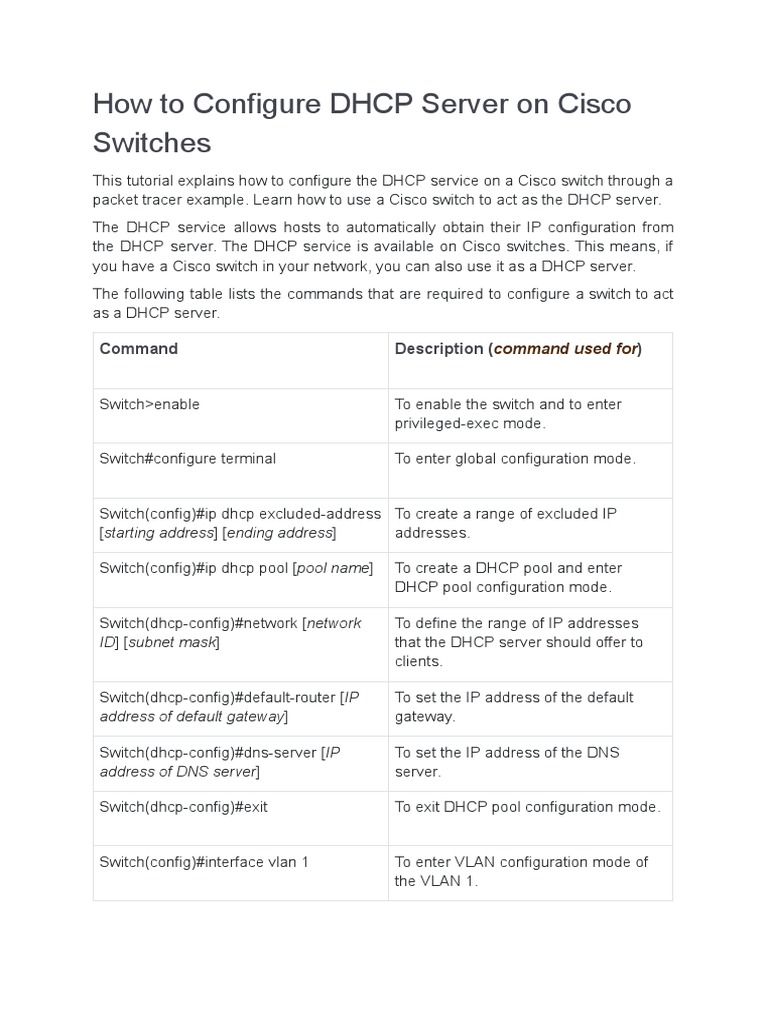 Configure DHCP Server on Cisco Switch | PDF | Ip Address | Computer Network