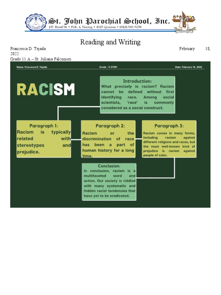 Reading and Writing Francesca D. Tejada February 18, 2022 Grade 11 A