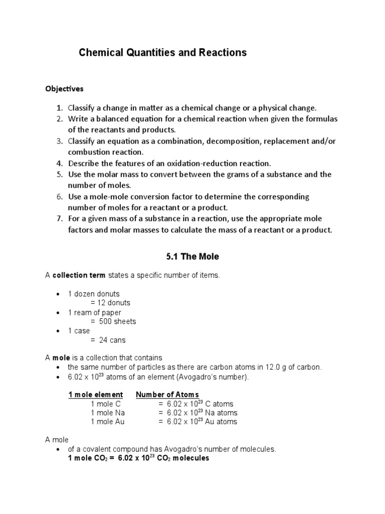 Chemical Quantities and Reactions: Objectives | PDF | Mole (Unit) | Redox