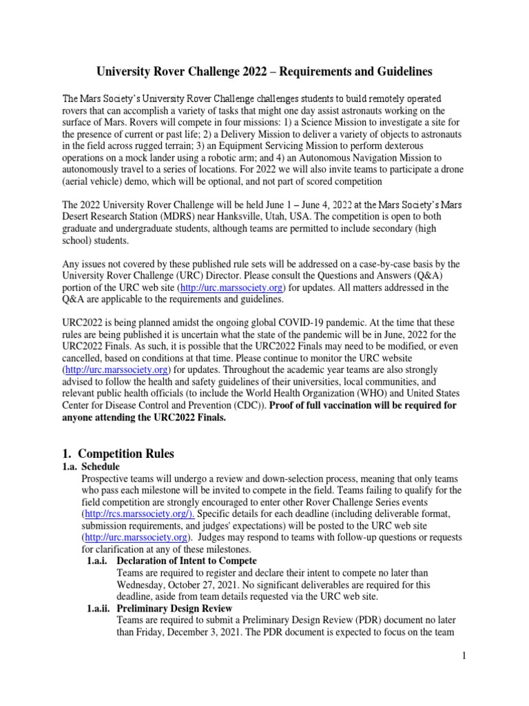 University Rover Challenge Rules 2022 PDF Rover (Space Exploration