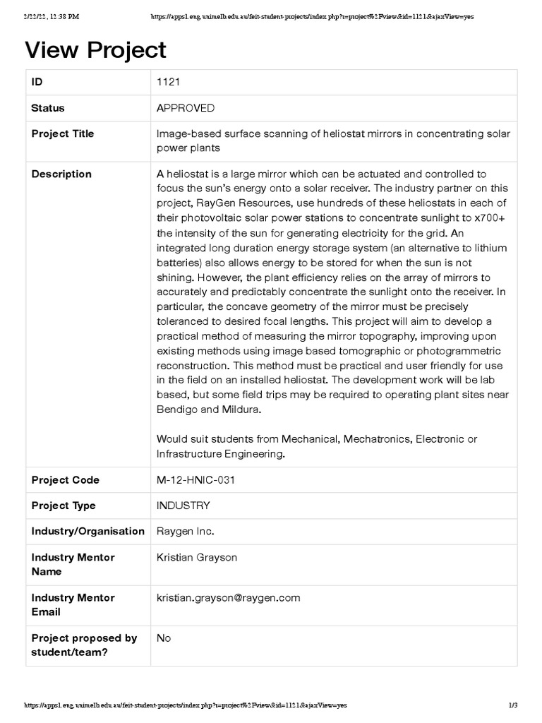 Heliostat Mirror Surface Scanning Project | PDF | Solar Power ...