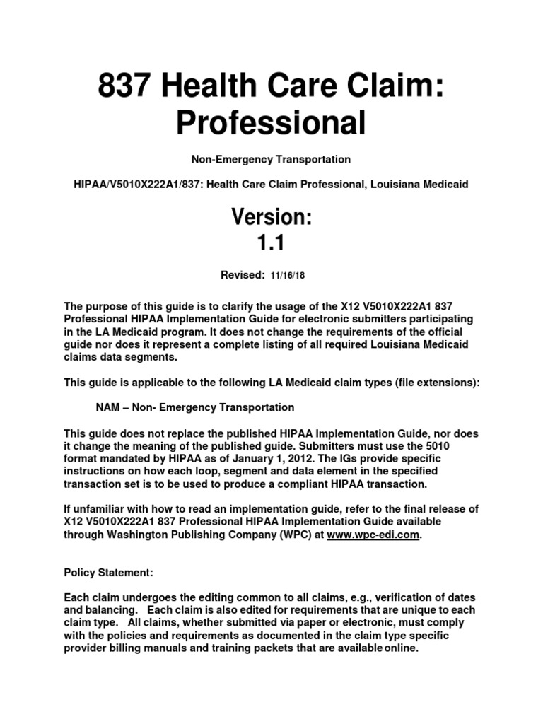 837 Health Care Claim Professional Non Emergency Transportation PDF Health Insurance