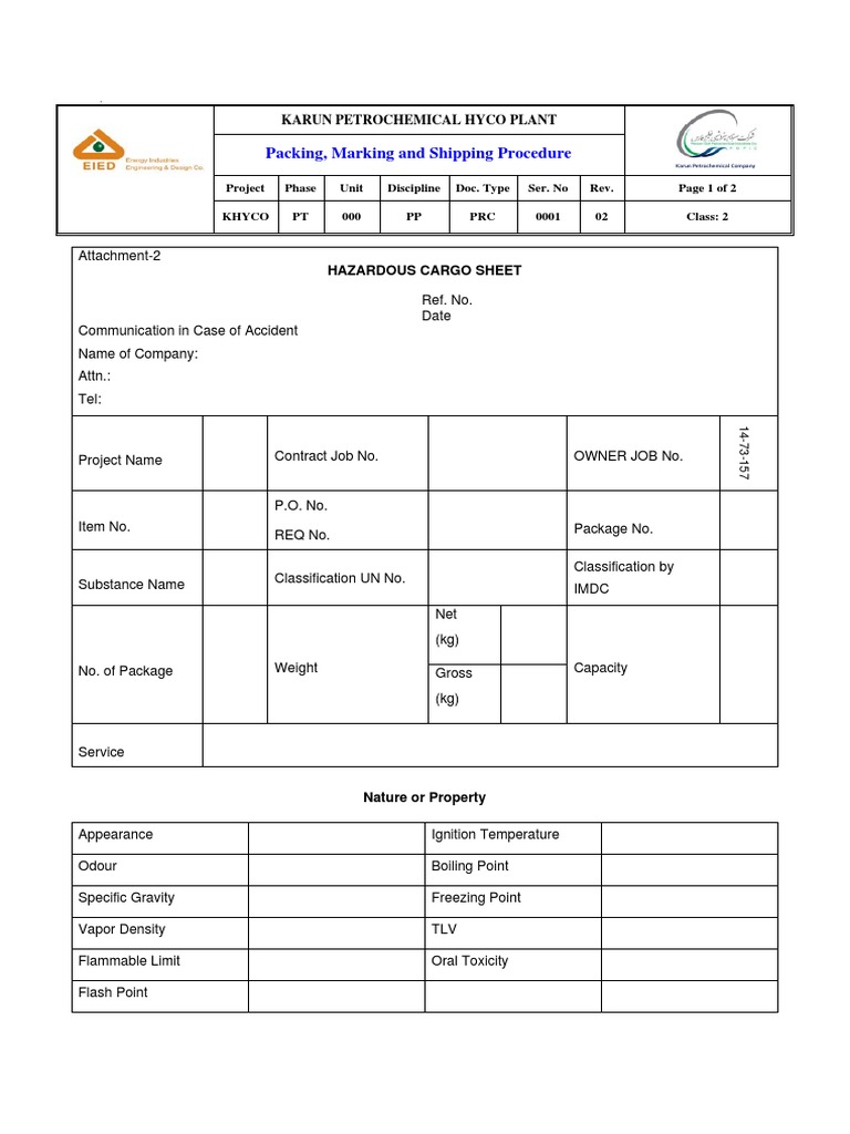 Packing, Marking and Shipping Procedure Karun Petrochemical Hyco Plant