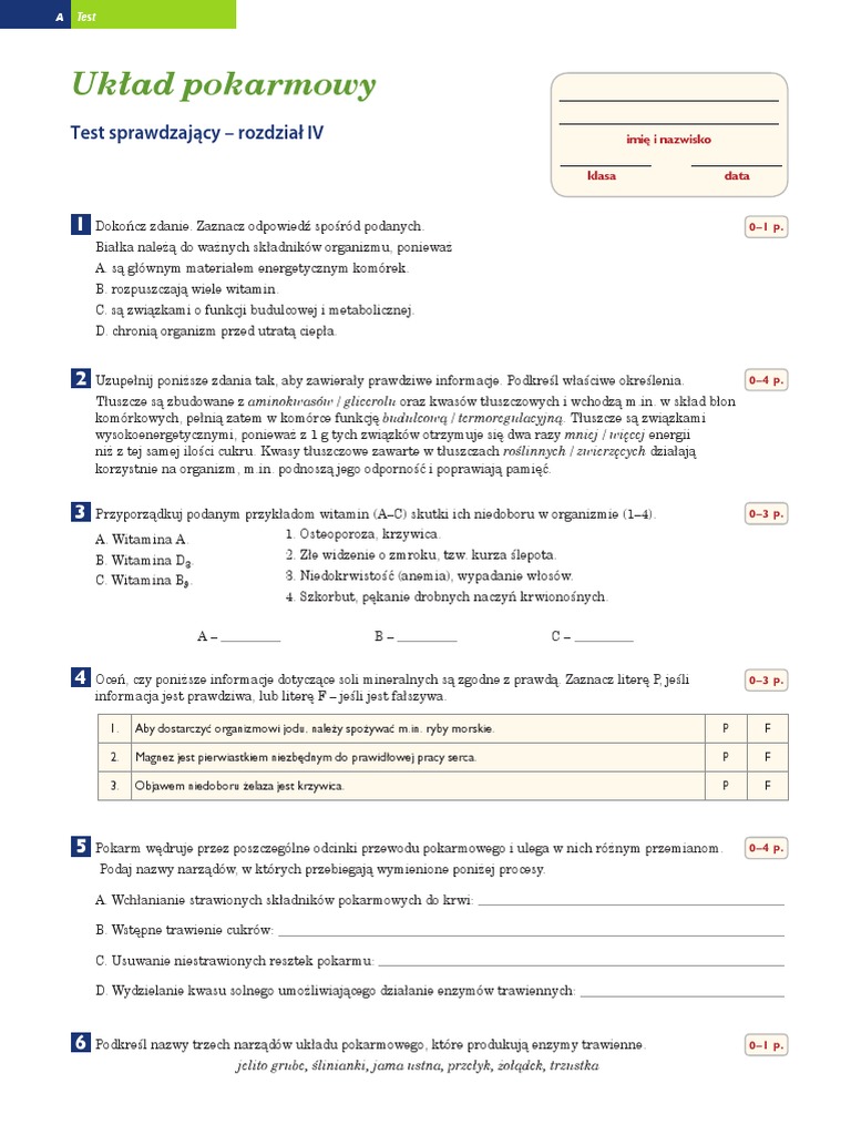 Sprawdzian Z Biologi Klasa 7 Uklad Pokarmowy