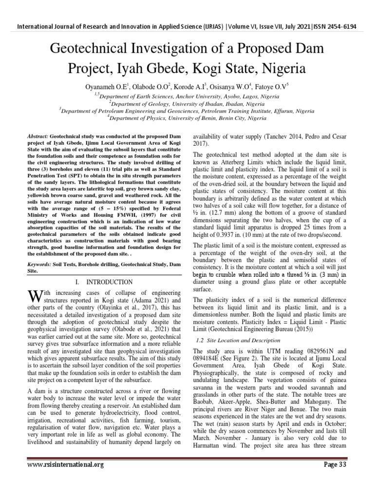 Geotechnical Study for Iyah Gbede Dam | PDF | Earth Sciences | Natural ...