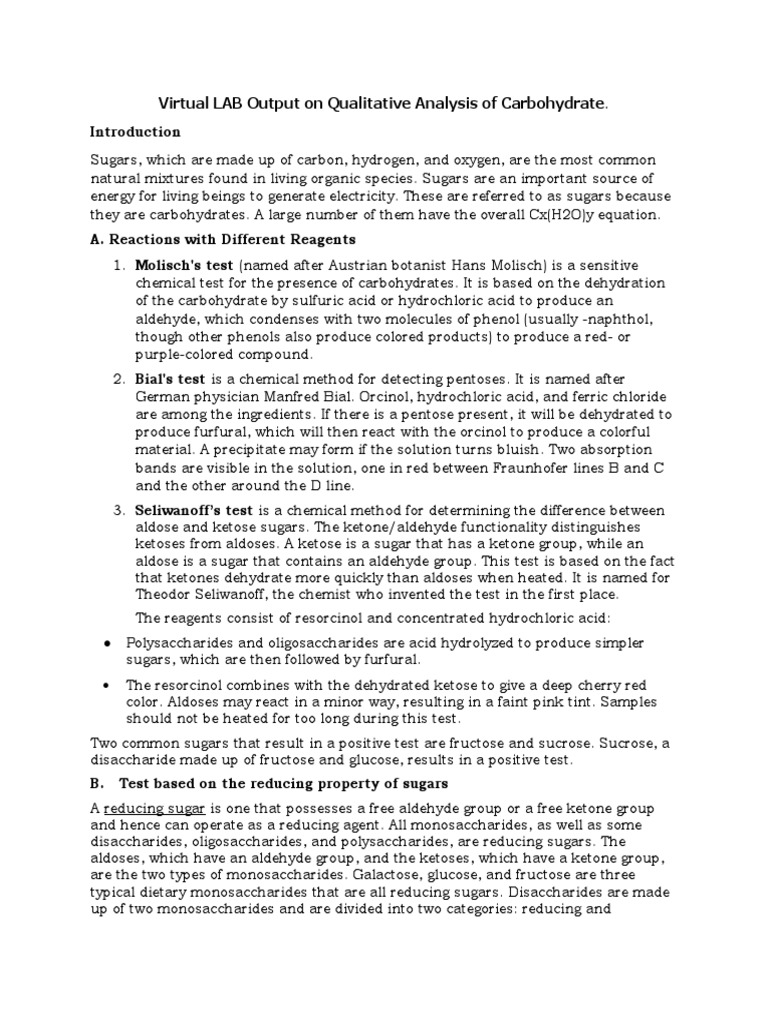 Qualitative Carbohydrate Analysis Tests | PDF | Carbohydrates | Organic ...