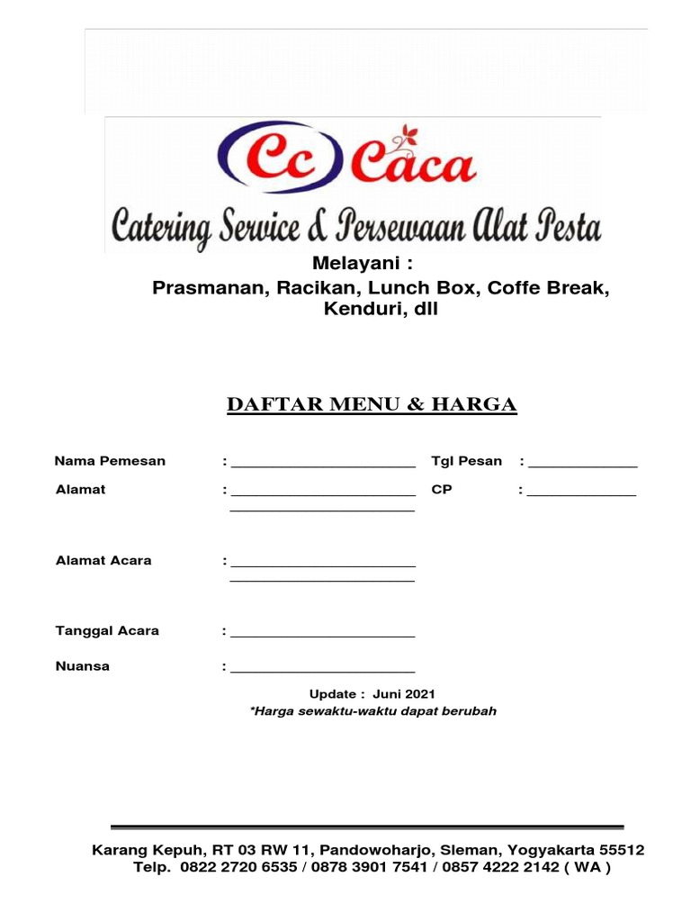 Menu Prasmanan Caca Bakery dan Catering | PDF | Memasak, Makanan, & Anggur