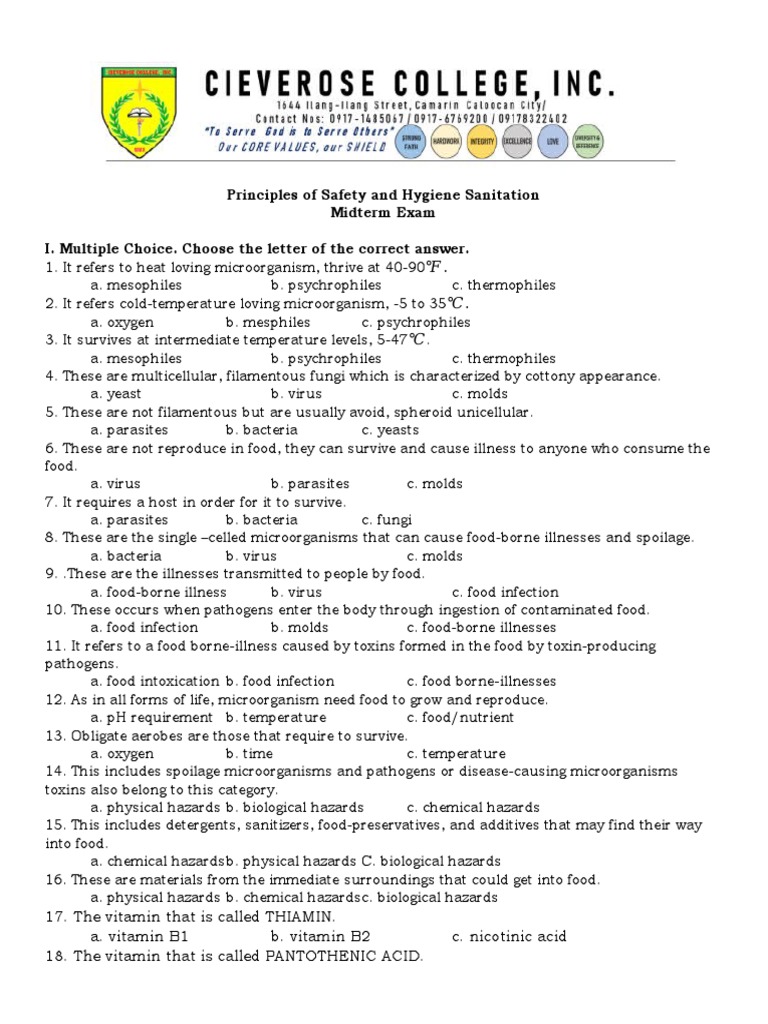 Safety and Hygiene Sanitation Midterm Exam PDF Bacteria